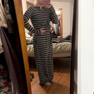 Striped Black, tan and white cardigan matching set.